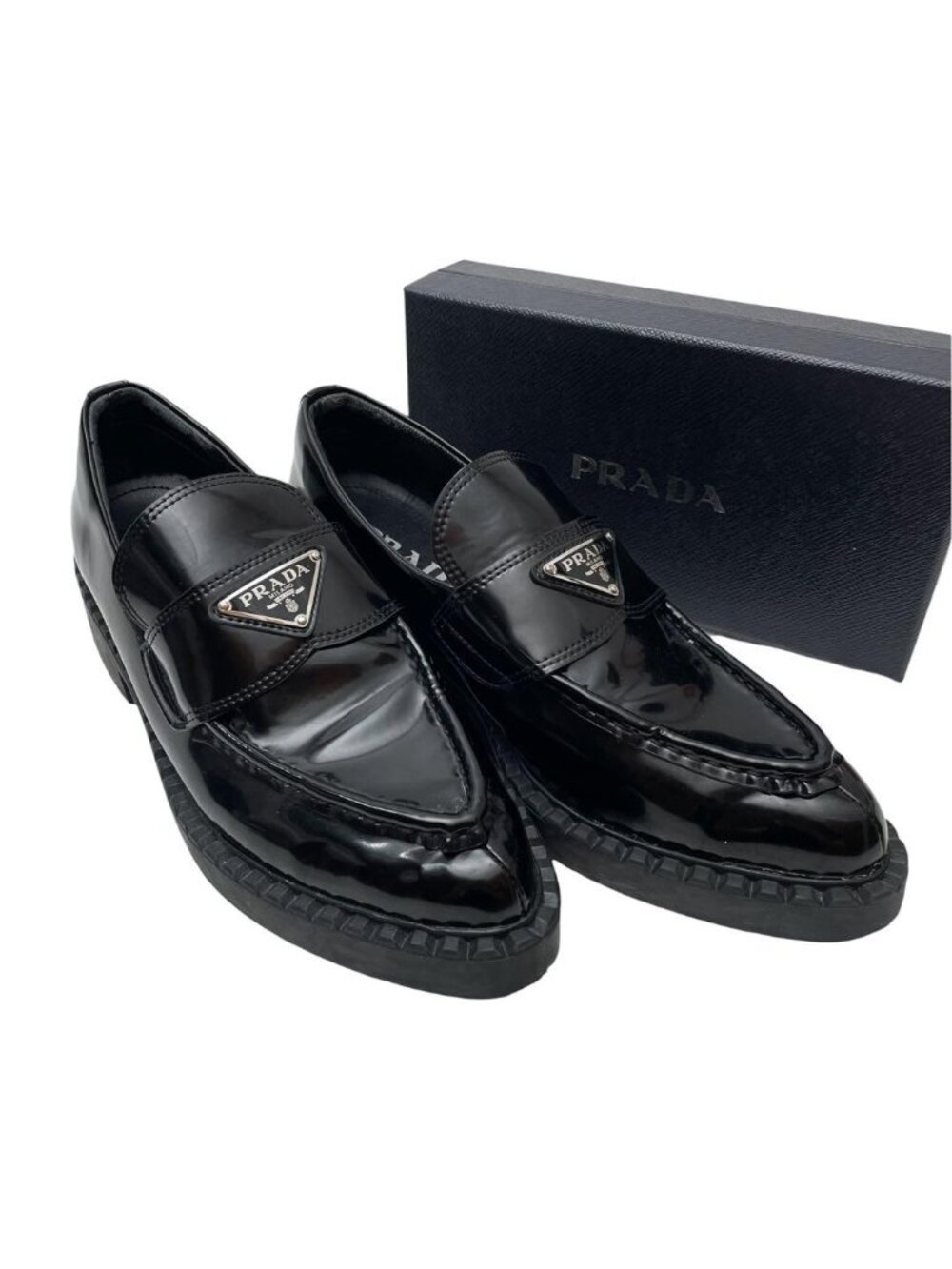 Prada Leather Triangle Plate Logo Loafers Black